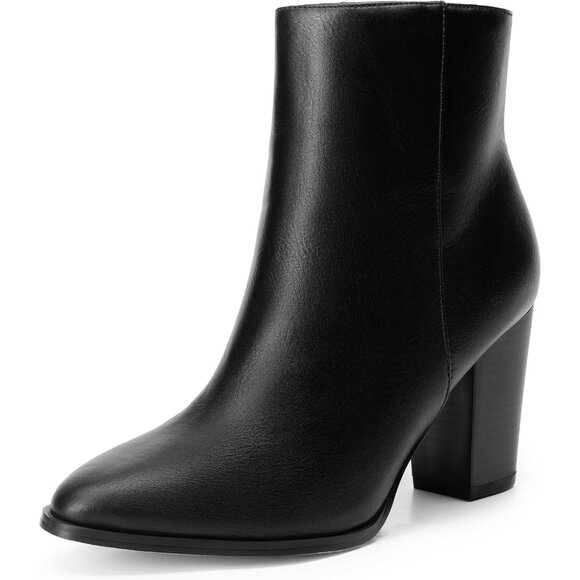 Shoes - Women's Black/Pu Faux Leather Ankle Boots Chunky Block Heel Booties